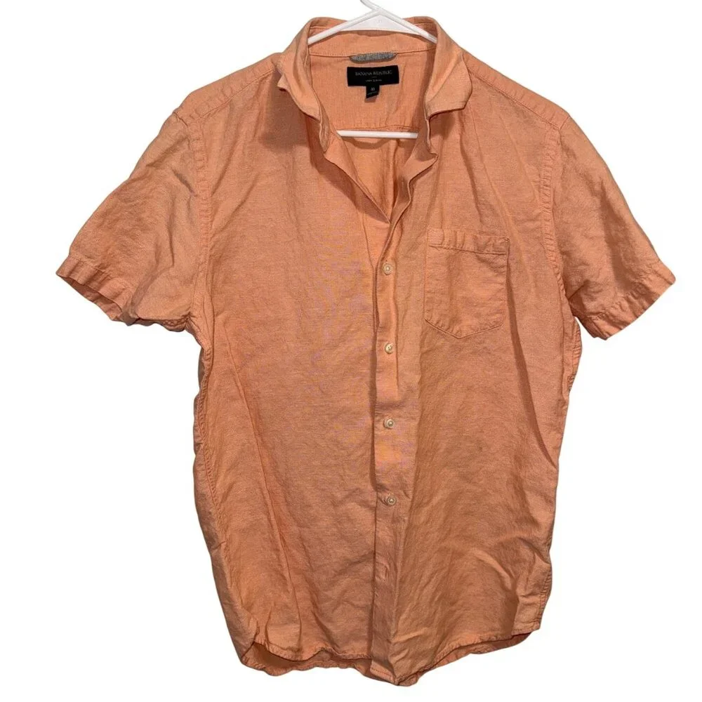 Banana Republic Mens Linen Slim Fit Short Sleeve Button-Up Shirt M